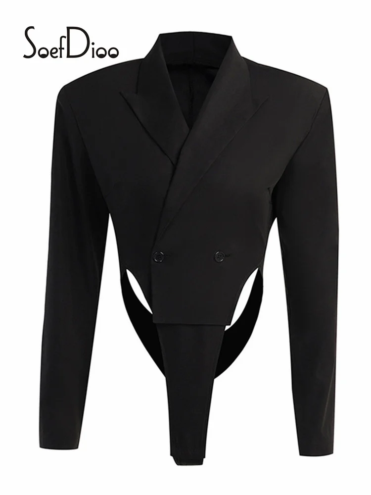 

Soefdioo Black Broad-shouldered One-piece Suit Women Hollow Out Backless Tops Autumn 2022 Sexy Notched Collar Long Sleeve Blazer