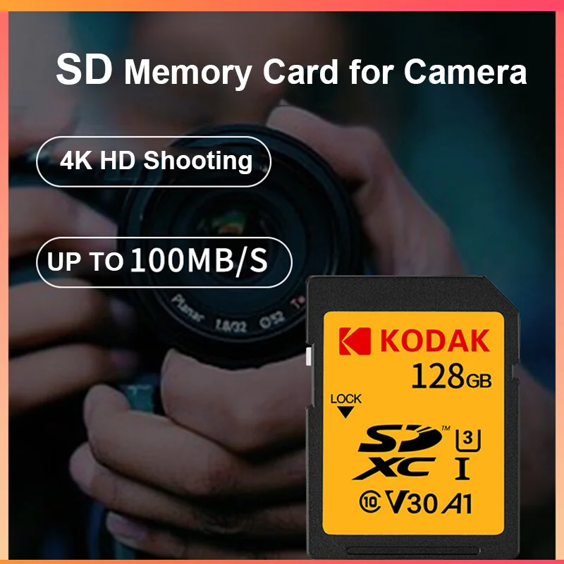 

KODAK SD Card V30 C10 100MB/s Flash Cards 32GB 64GB 128GB 256GB 512GB SDXC SDHC Class 10 Memory Card For DSLR Digital Camera