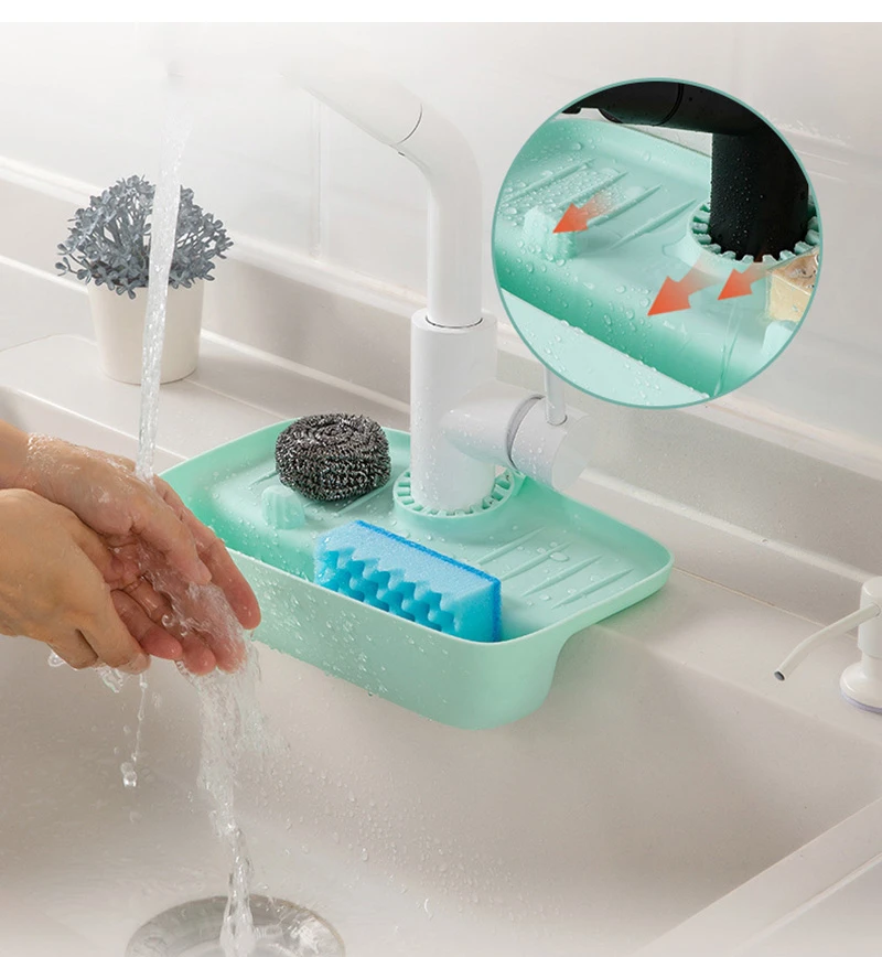 

Kitchen Silicone Faucet Mat Sink Splash Pad Bathroom Countertop Protector Mat Drain Pad Sponge Soap Organizer Drain Basket