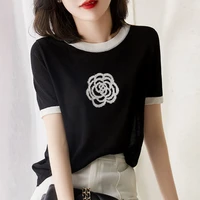 2022summer new fashion round collar t shirt camellia embroidery ice thread short sleeves loose versatile slim and color contrast