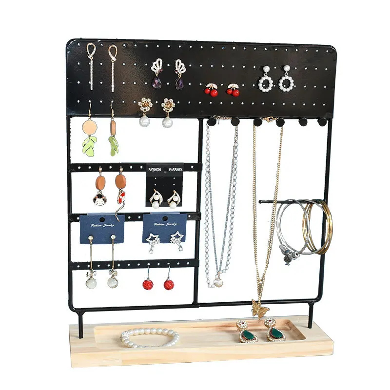 Iron Earring Display Stand Rack Solid Wood Base Jewelry Organizer Rack Necklace Ornament Long Chain Jewelry Display Rack Storage