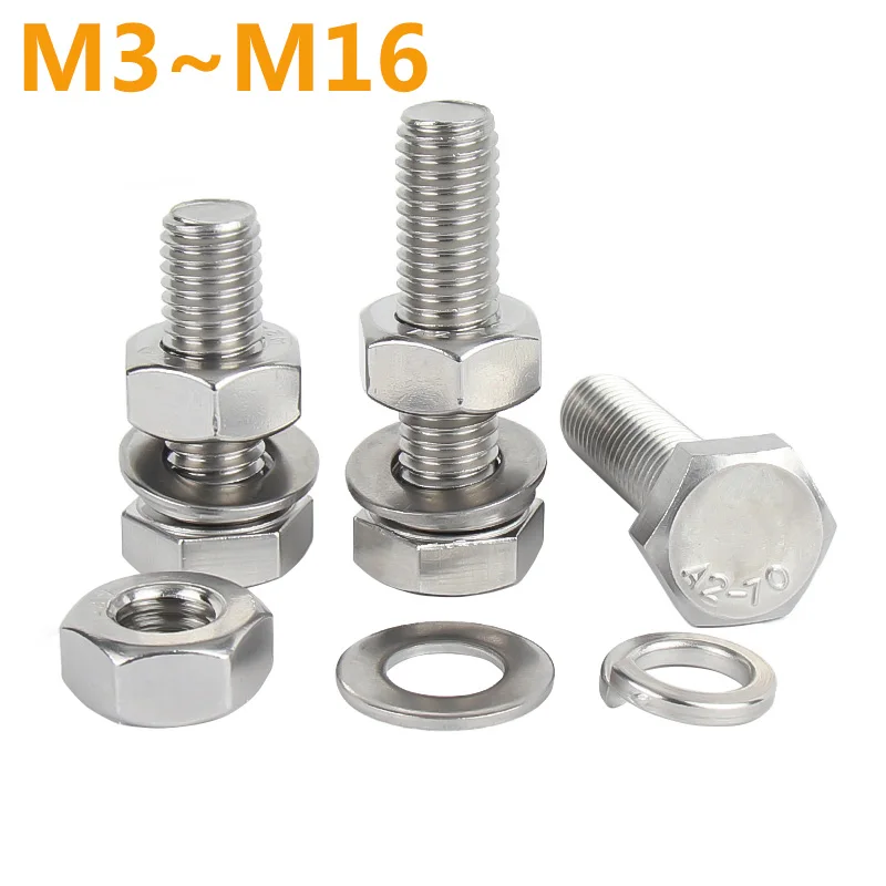 

20-1PCS 304 Stainless Steel Hex Head Screws Nuts Flat Washers Lock Washers Kits Hexagon Bolts Set M3 M4 M5 M6 M8 M10 M12 M14 M16