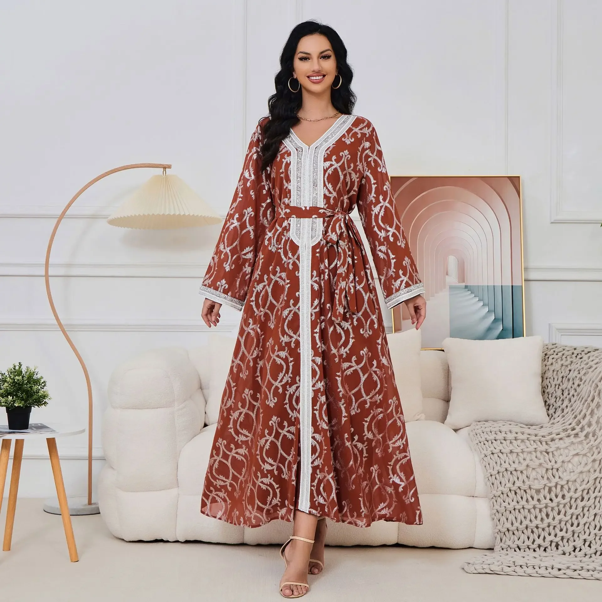 Арабское элегантное мусульманское платье женское длинное Абая с принтом Дубая и