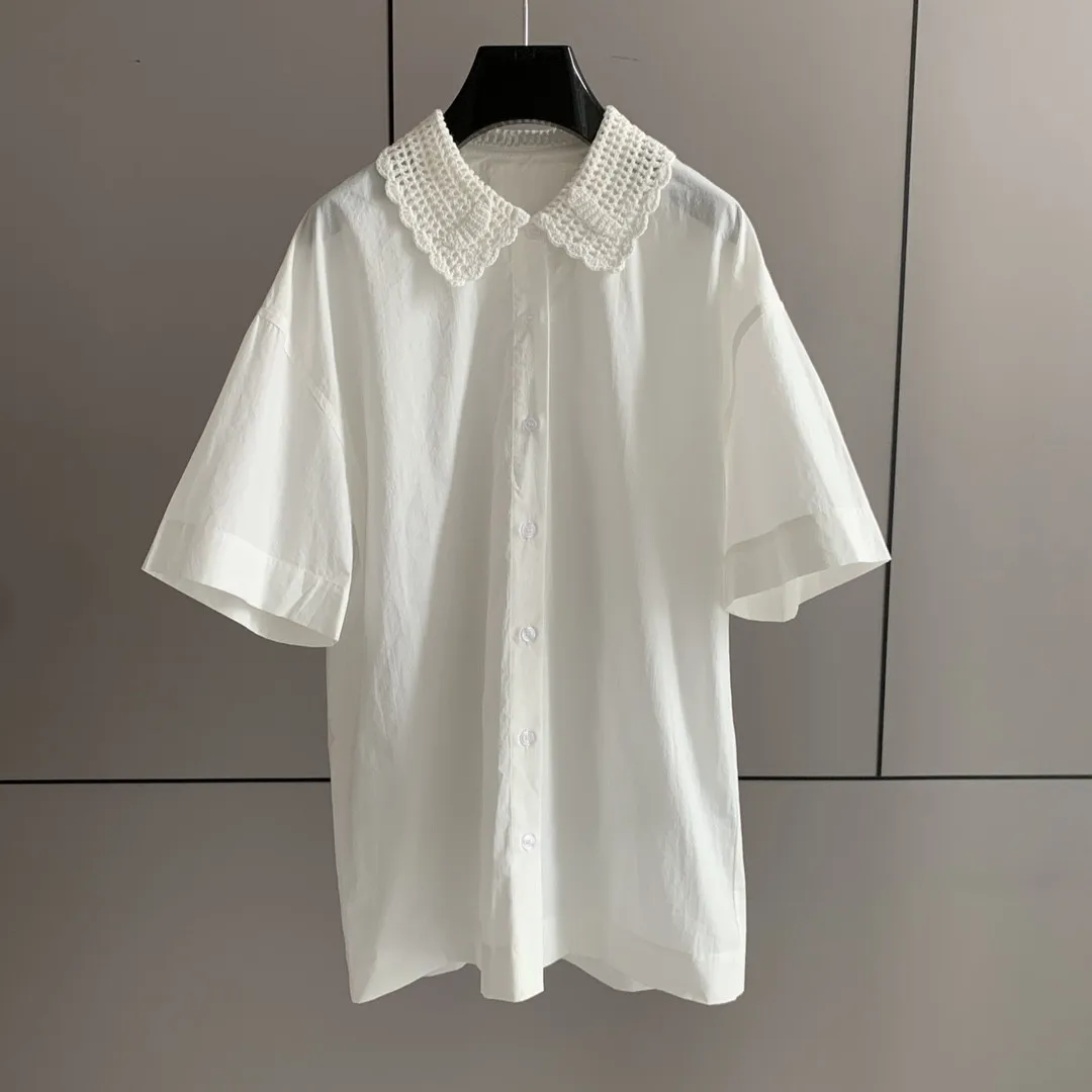 

Top T-shirt Sweatshirt Woman Shirt Blouse Short Sleeve Fashion 2022 Clothing Female Summer Hand Hook Lace Collar Loose White Top