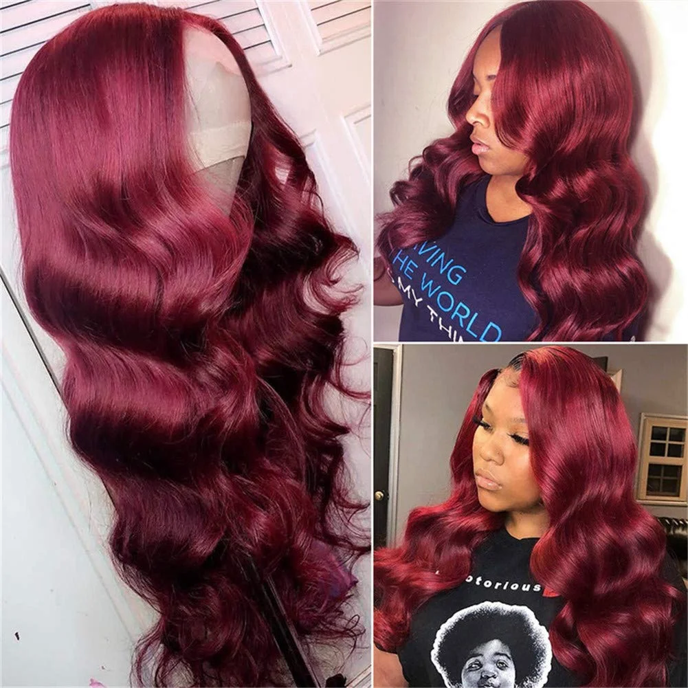 13x4 Body Wave 200% Transparent Lace Wig 99J Burgundy Long Wave Glueless Body Wave T Part Lace Wig Heat Resistant Fiber for Woma