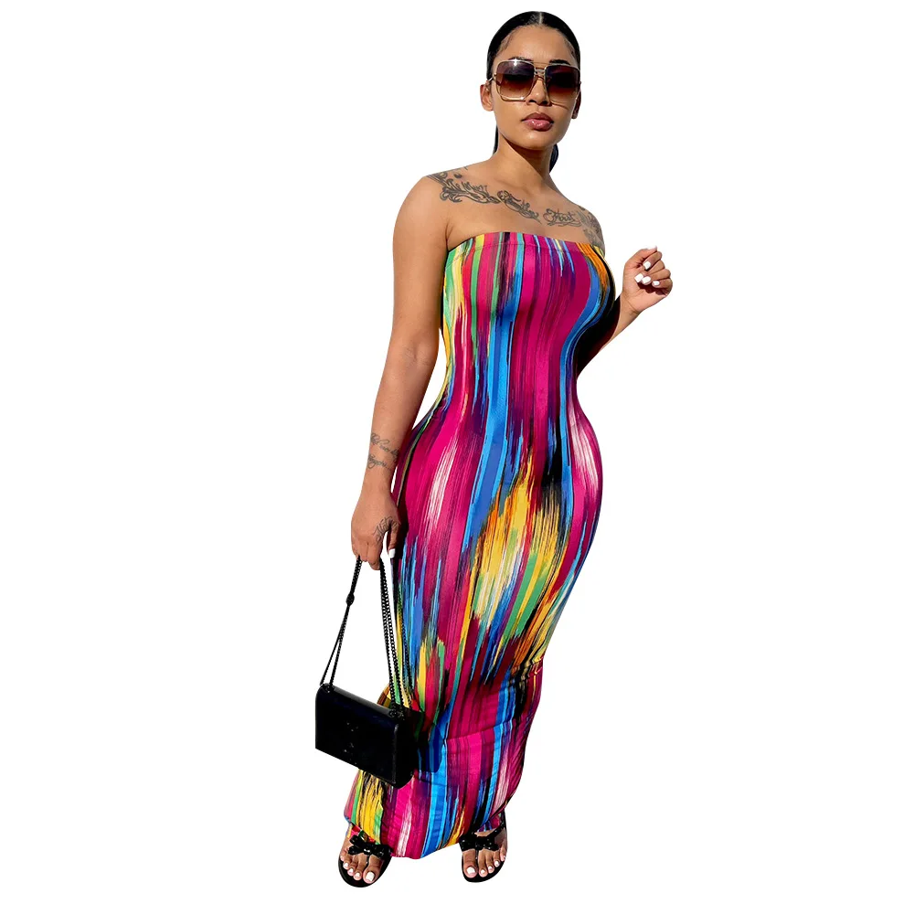 

Sexy Skinny Women Summer Dress Female Strapless Robe Girl's Streetwear Party Vestidos Lady's Slit Long Dresses