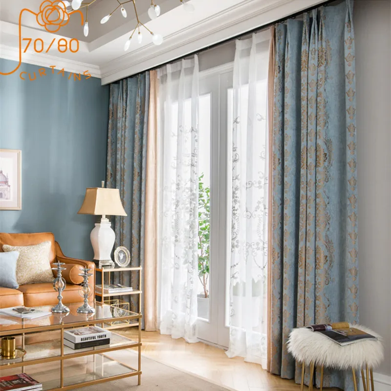 European-style Chenille Jacquard Stitching Thickening Blackout Curtains for Living Room Bedroom Finished Product Customization