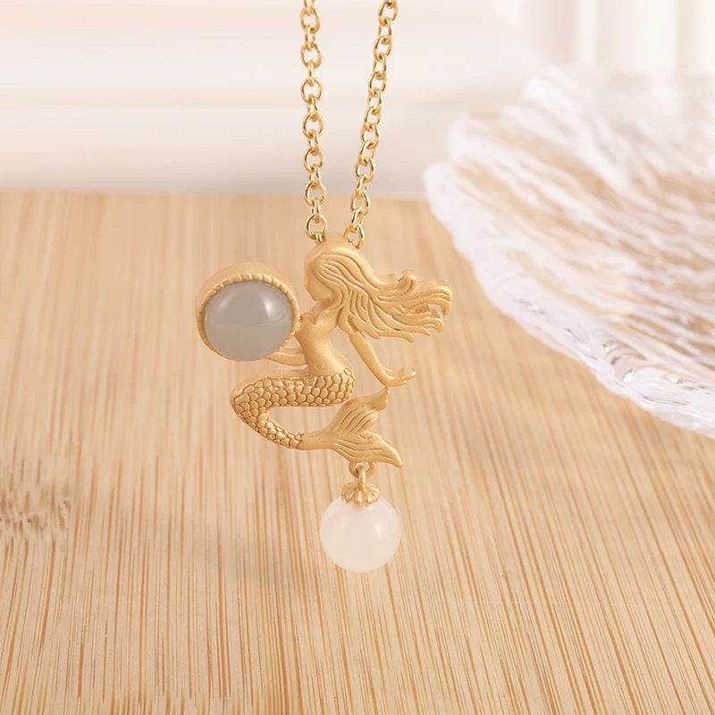 

Fashion Exquisite Gold Color Mermaid White Stone Copper Pendant Necklace Woman Prom Birthday Party Jewelry Gift