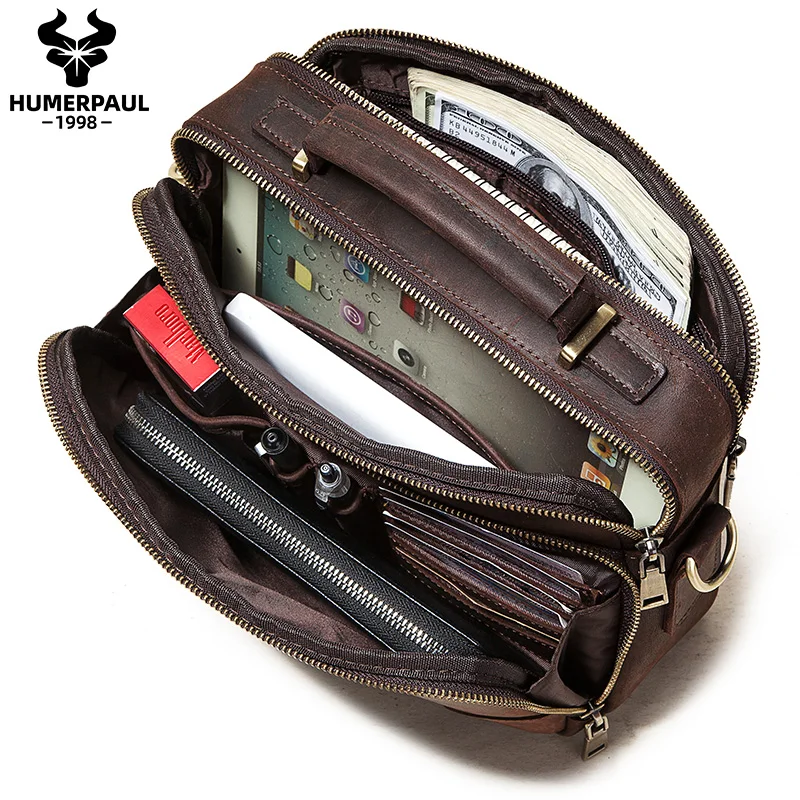 

HUMERPAUL Cowhide Leather Men's Briefcase Business Messenger Bag Large Capacity Hangbags Male Shoulder Tote Bags Fit 9.7" iPad