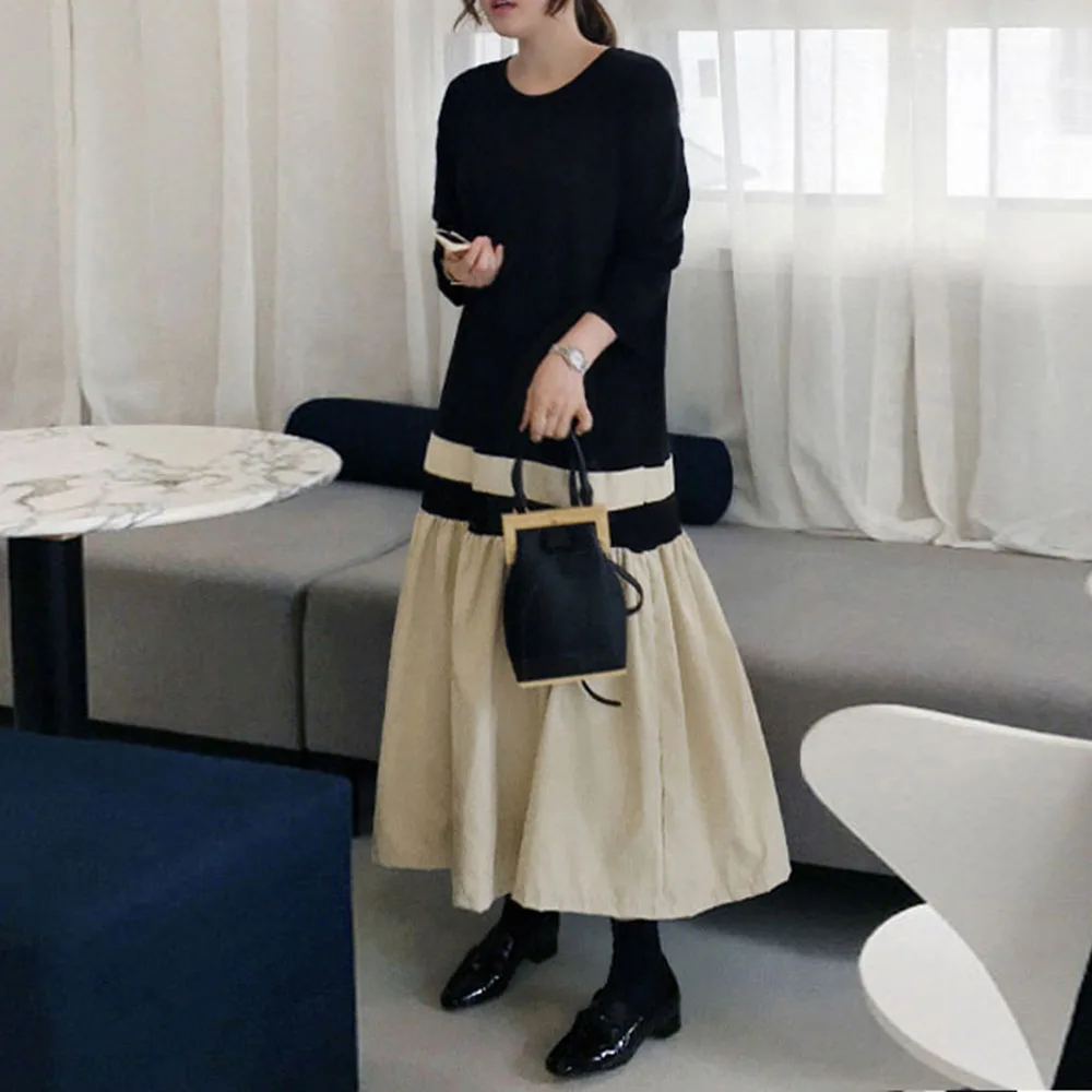 

Korean Fashion Style Casual Dress Tiered Docking Long Sleeve Switching Round Neck Ladies Daily Scheme A Line Loose Maxi Dresses