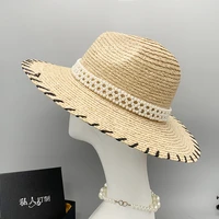 wide brim straw hat summer hat for women pearl decoration sun hat breathable beach sun protection jazz hat kentucky derby hat