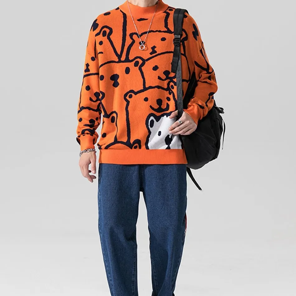 

Мужской трикотажный свитер в стиле Харадзюку, приталенный пуловер с принтом белого медведя, Повседневная теплая одежда с круглым вырезом д...