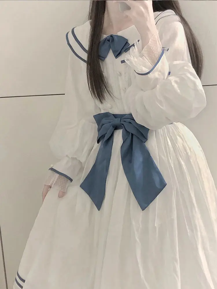 

White Dresses Women Sailor Collar Kawaii Clothes Girlish Preppy Design Sweet Japanese Stylish Panelled Personal Gentle Vestidos