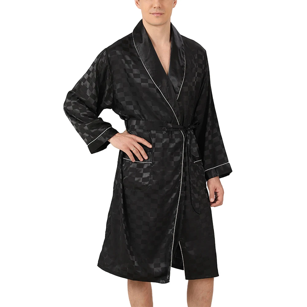 

Casual Satin Silk Kimono Bathrobe Robe Long Sleeve Wide Striped Plaid Sleepwear Baggy Nightgown Robes Home Wear Clothing For Men