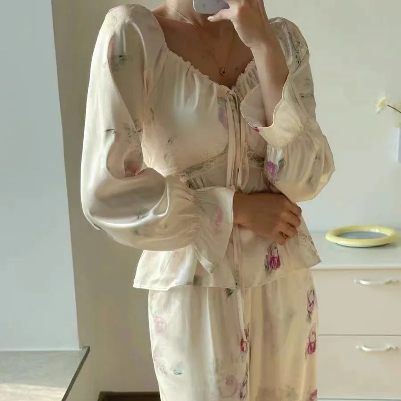 2PCS Sleepwear Set Spring Autumn Pajamas Long Sleeve Trouser Pijamas Suit Print Flower Silk Satin Home Clothes Loose Loungewear