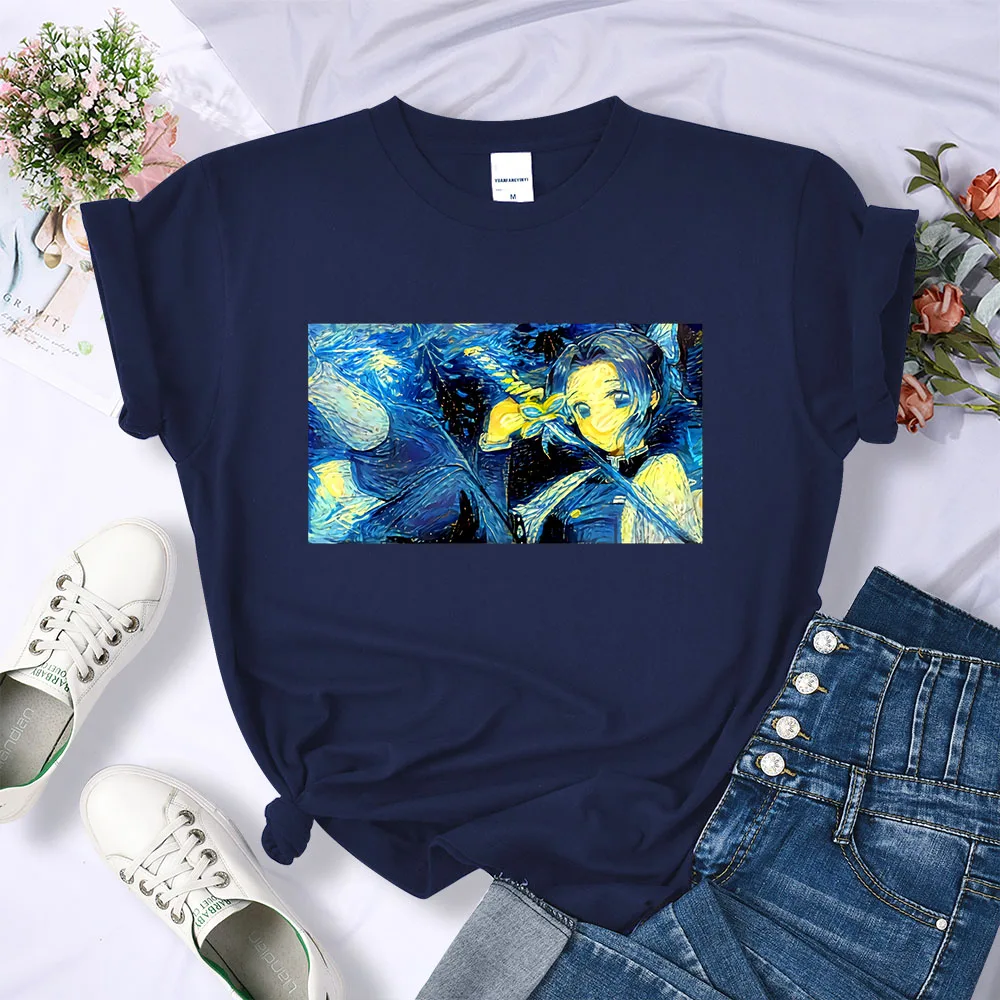 

Demon Slayer Butterfly Girl Shinobu Starry Night T Shirts Casual Loose Women Tops Hip Hop Trendy Tees Harajuku O-Neck T-Shirt