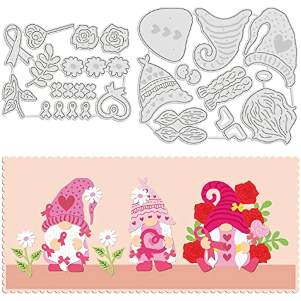 

Pink Ribbon Embossing Template Gnome and Flower Carbon Steel Die Cuts Breast Cancer Festival Embossing for Scrapbooking Card DIY
