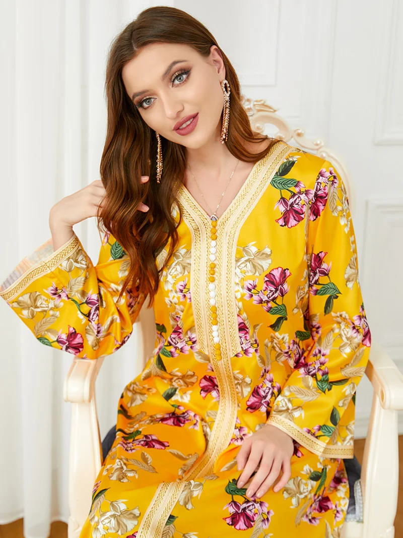 Muslim Woman Abaya Flower Print V-Neck Tape Trim Long Sleeve A-Line Dress Elegant Ladies Dresses Caftan Marocain Ramadan