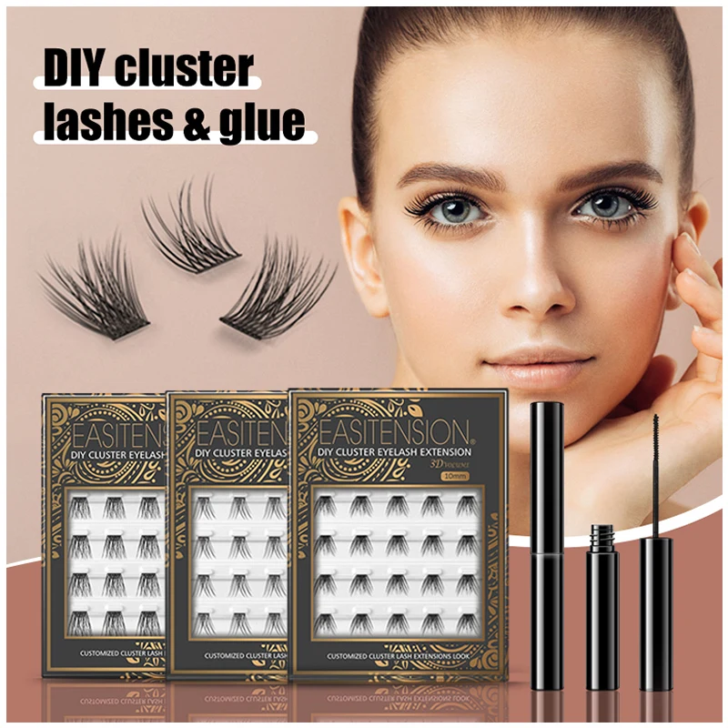

EASITENSION DIY Cluster Eyelash Extension 3D Russian Volume Mink Bundle Lashes Black Glue Latex Free Adhesive Makeup косметика