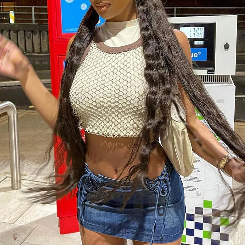 

Summer 2021 Vintage Streetwear Hollow Out Crop Top Women Sexy See-Through Mesh Tank Top Female Sleeveless Midnight Club T-Shirt