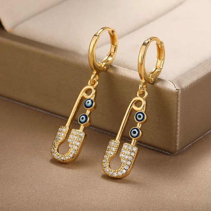 Купи Crystal Zircon Paperclip Pin Shape Drop Earrings Blue Evil Eye Earrings For Women Fatima Hamsa Ear Buckle Puncture Jewelry Gifts за 80 рублей в магазине AliExpress