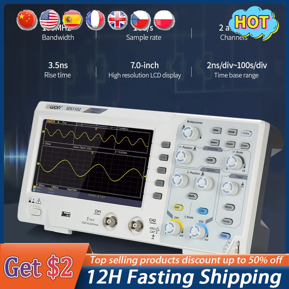 

Owon SDS1022 SDS1102 SDS1202 SDS1104 1GS/s 100MHz Osciloscopio Digital Oscilloscope 2CH Oscillometer 7 inch Storage Oscilloscope