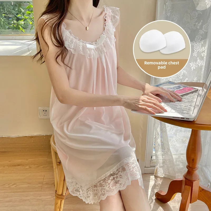 Пижама женская кружевная без рукавов пикантная ночная рубашка из чистого хлопка