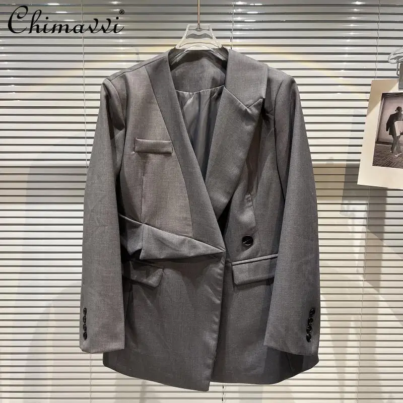 

2022 Spring New Fashion Double Pocket Irregular Collar Design Ol Loose Blazer Elegant Long Sleeve All-Matching Suit Jacket Women