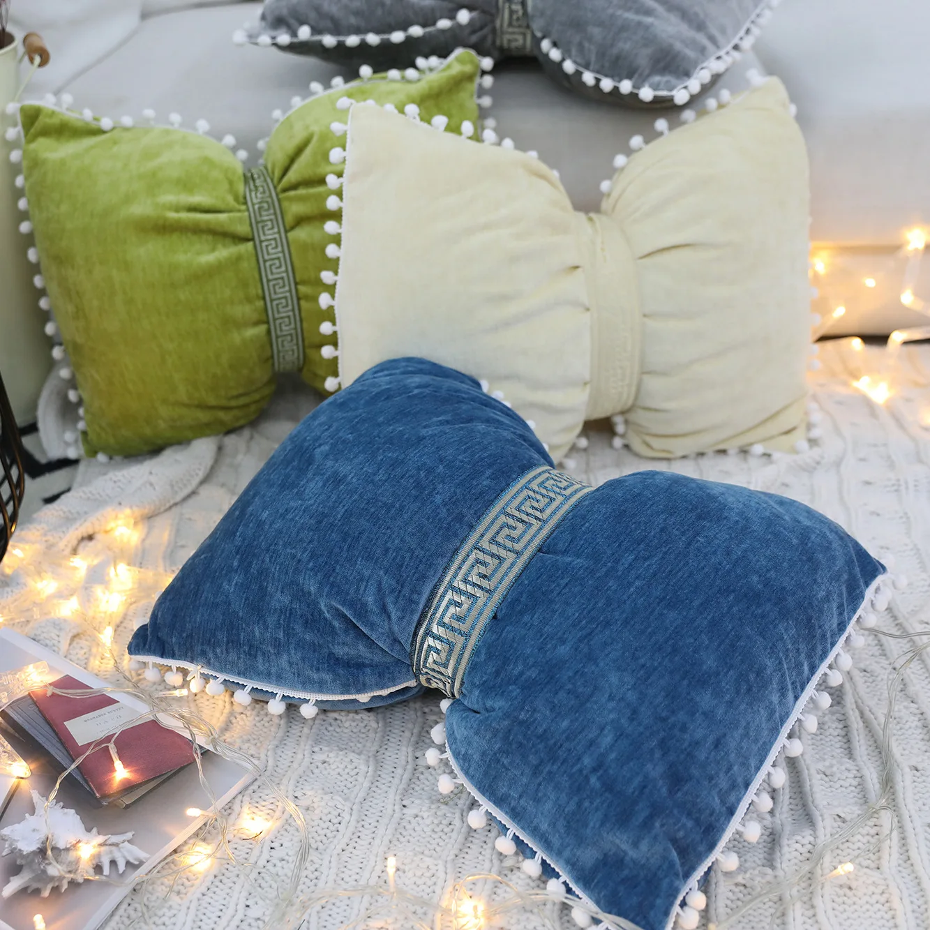 

Cute Pillow Cover Ins White Ball Solid Color Bow Waist Throw Back Cushion Sofa Rectangle With Core