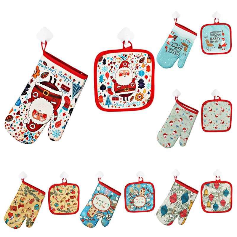 

Xmas Oven Mitts Kitchen Microwave Gloves for Christmas Baking Grilling BBQ New Year Navidad Natal Noel Christmas Decor for Home