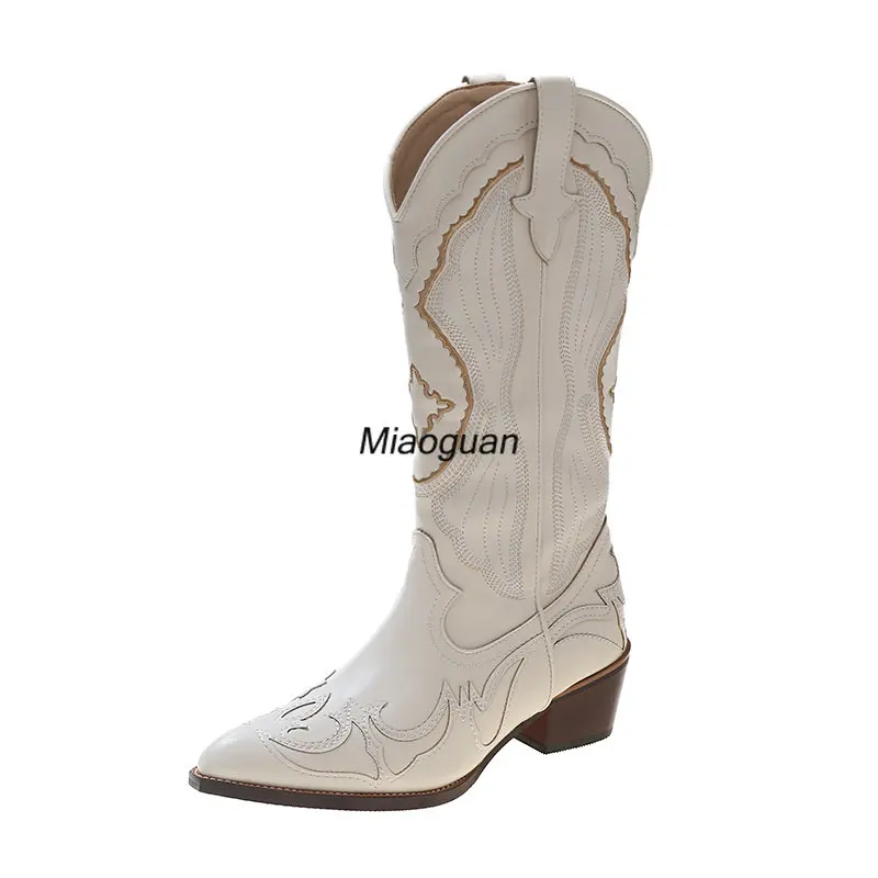 Women's Boots Retro Autumn Winter White Knee High Boots Big Size 40 Fashion Comfy Walking Female Western Cowboy Boot Woman Shoes