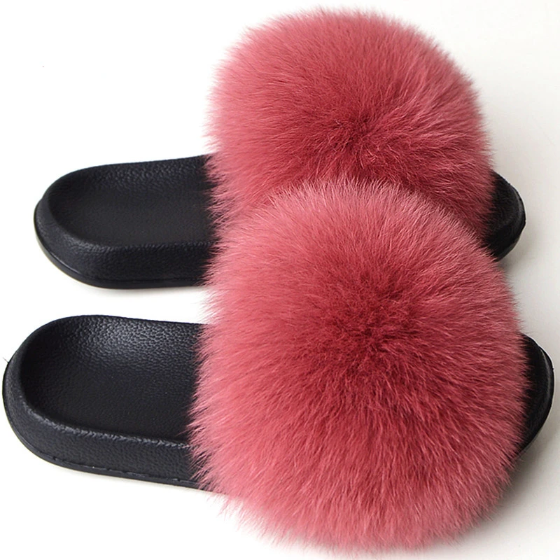 

Real Fox Fur Slippers Women Summer Indoor Fluffy Flat Raccoon Fur Slides Outdoor Fashion Casual Beach Shoes Plus Size Shoes