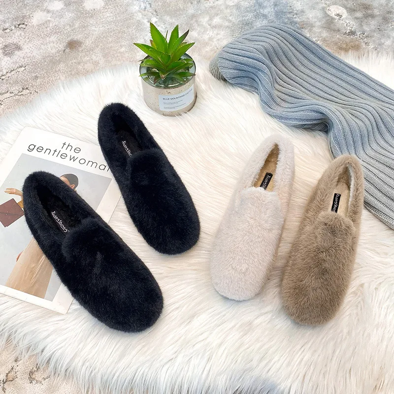 2022 New Autumn and Winter Solid Color Suede Round Toe Plus Plush Plush Shoes Outside Wear Flat Large Size Women's Shoes 43