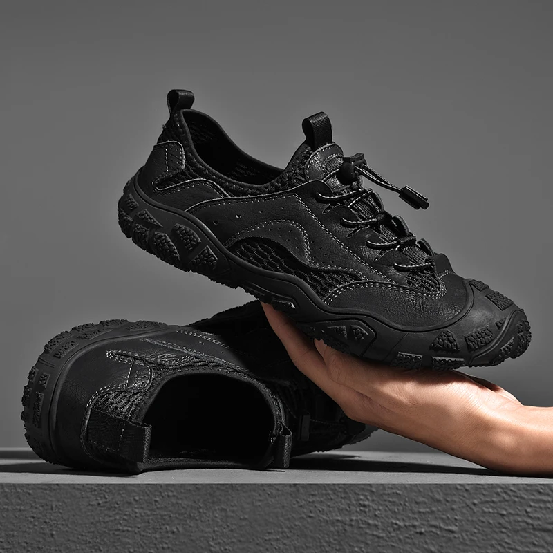 JIEMIAO New Genuine Leather Men Hiking Shoes Quality Trekking Shoes Mesh Breathable Men Sneakers Outdoor Camping Fishing Shoes