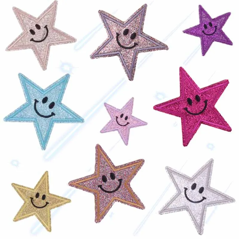 

9pcs/set shiny Five-pointed star smiley face DIY Ironing Embroidered Patch For Jeans hat Clothes Sew Patch Applique Decor