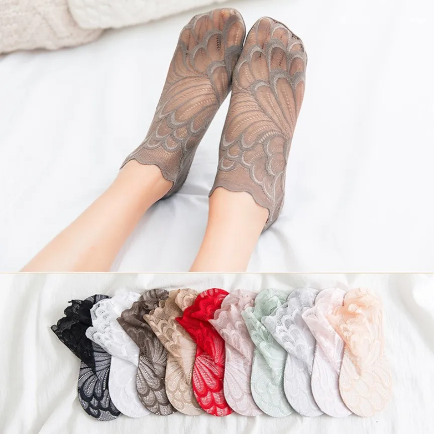 

5 Pairs Women Girls Summer Socks Style Lace Flower Peacock Short Sock Antiskid Invisible Ankle Sock Slippers Women's Boat Socks