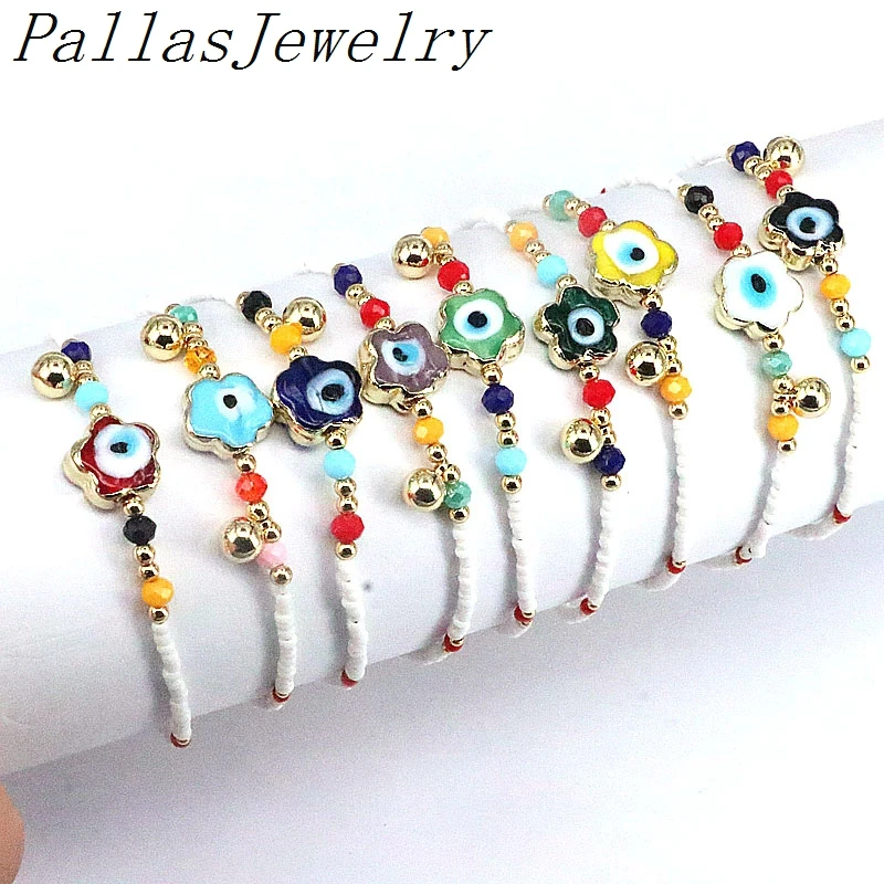

10Pcs Bohemian Handmade Turkish Eyes Flower Shape Bracelets Adjustable Friendship White Seed Beads Miyuki Bracelet Gift For Her