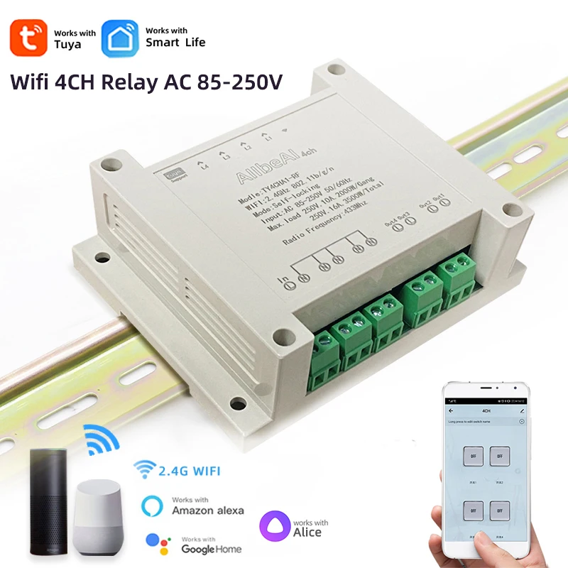 

Tuya Smart WIFI Breaker,Household Appliance Light Switch Module,4CH AC 110V 220V,10A Inching Timer Relay for Alexa Google Alice