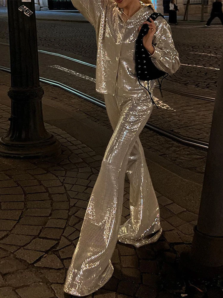 

Sparkling Set for Women Elegant Blouse With Flared Pants Women Prom Party Suit Casual Bling Silver Pressed Autumn Suit Shirt Set