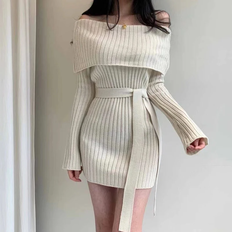 

2023 Fashion Korea Chic Sexy Fold Slash Neck Sweater Dress Long Sleeve Mini Knitted Dresses Bandage Slim Waist Women Vestidos