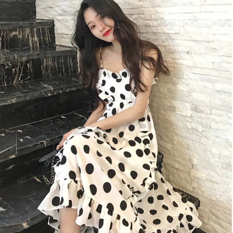 

Summer Fashion Vintage Polka Dot Print Mermaid Dress for Woman Casual Retro Women Vacation Beach Chiffon Dresses Black/White