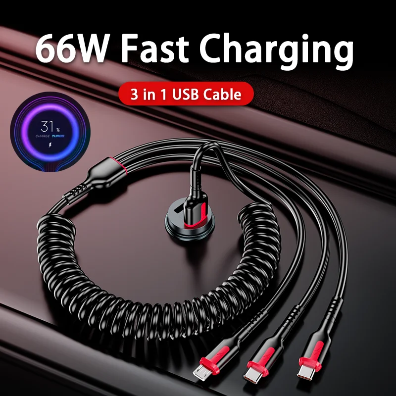 

3 in 1 66W 5A Fast Charging Type C Cable 3A USB Micro Cable for Xiaomi Redmi Huawei Honor Phone Charger Car Spring USB Cables