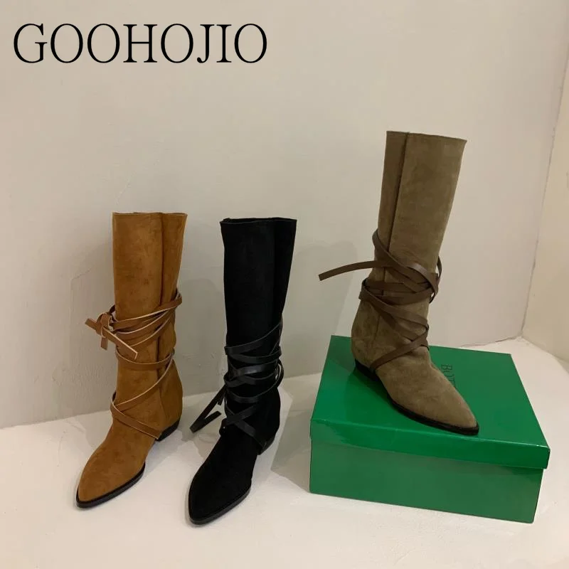 Новые модные женские повседневные сапоги замшевые уличные до середины икры