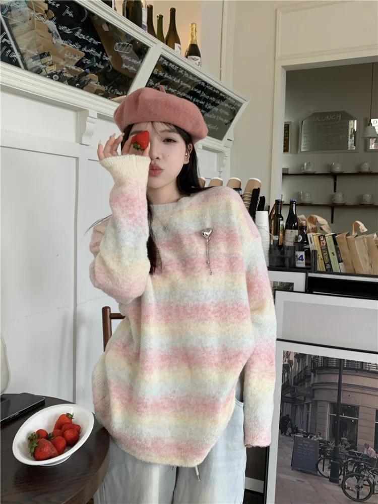 Свитер женский полосатый в японском стиле, модный джемпер в стиле оверсайз,винтажный Повседневный пуловер в стиле оверсайз, Y2k