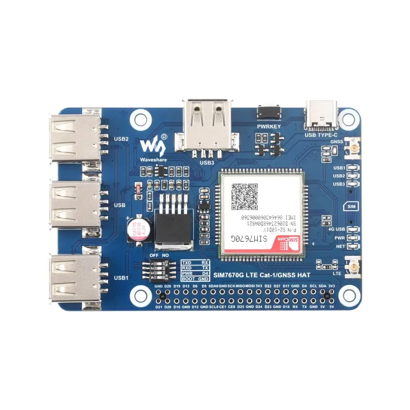 Фото Шляпа Cat-1/GNSS для Raspberry Pi, на базе модуля SIM7670G, глобальная поддержка многодиапазона LTE 4G Cat-1, позиционирование GNSS, 3x USB 2.0 №3
