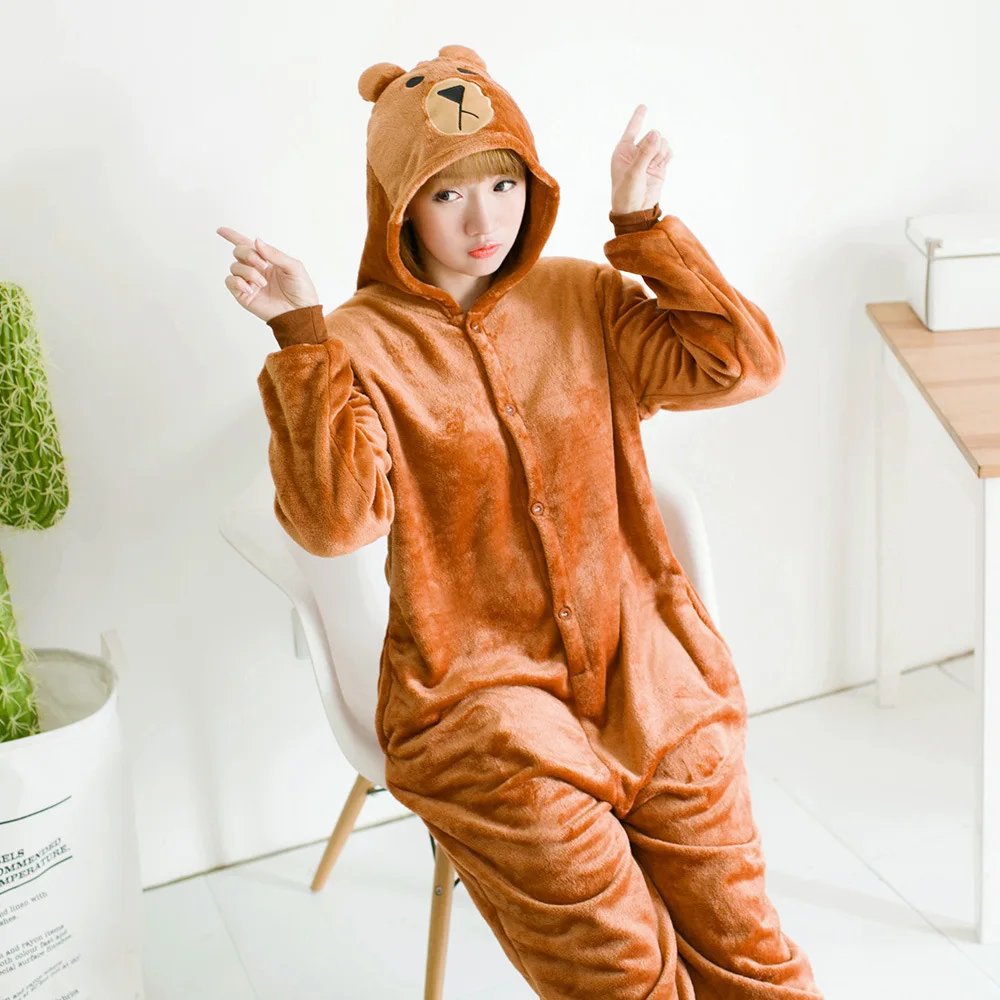 Unisex Winter One-Piece Cartoon Brown Bear Pajamas With Two Round Ears And A Short Tail Polyester Warm Comfort Sleepwear Cosplay