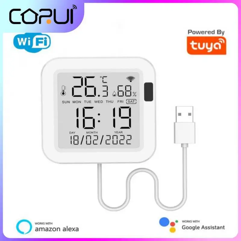 

Умный Wi-Fi датчик температуры и влажности CORUI Tuya, комнатный гигрометр, термометр с ЖК-дисплеем, поддержка Alexa Google Assistant