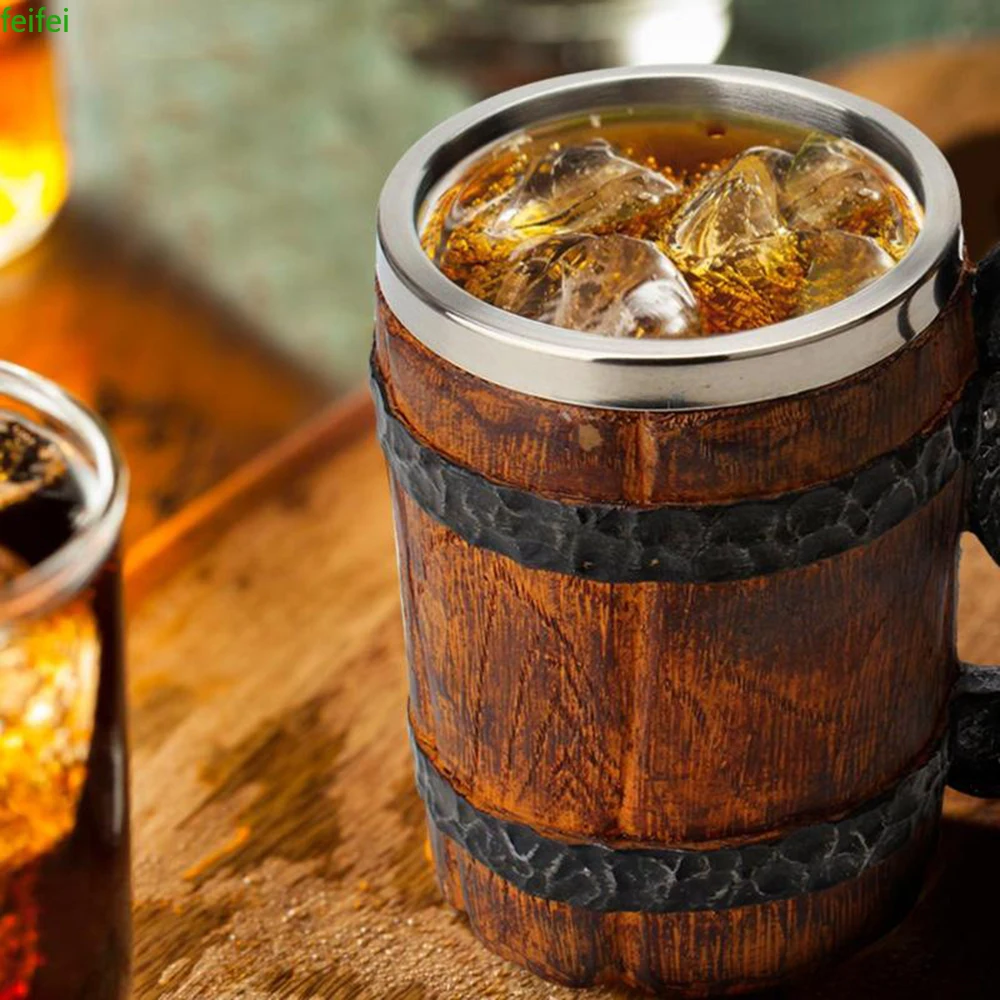 

550ml Simulation Raw Wood Mug Double Wall Insulated Wine Beer Mug Large Drinking Glass Wine Mug Beer Glass Wooden Drinking Mug