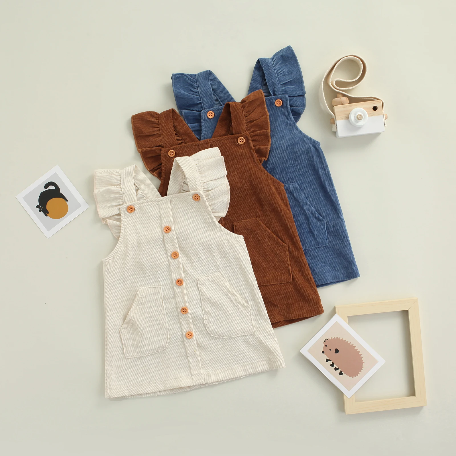 

Kids Baby Girls Dress Corduroy Overalls Spring Sumemr Button Pockets Solid Sleeveless Square Collar Suspender Dress