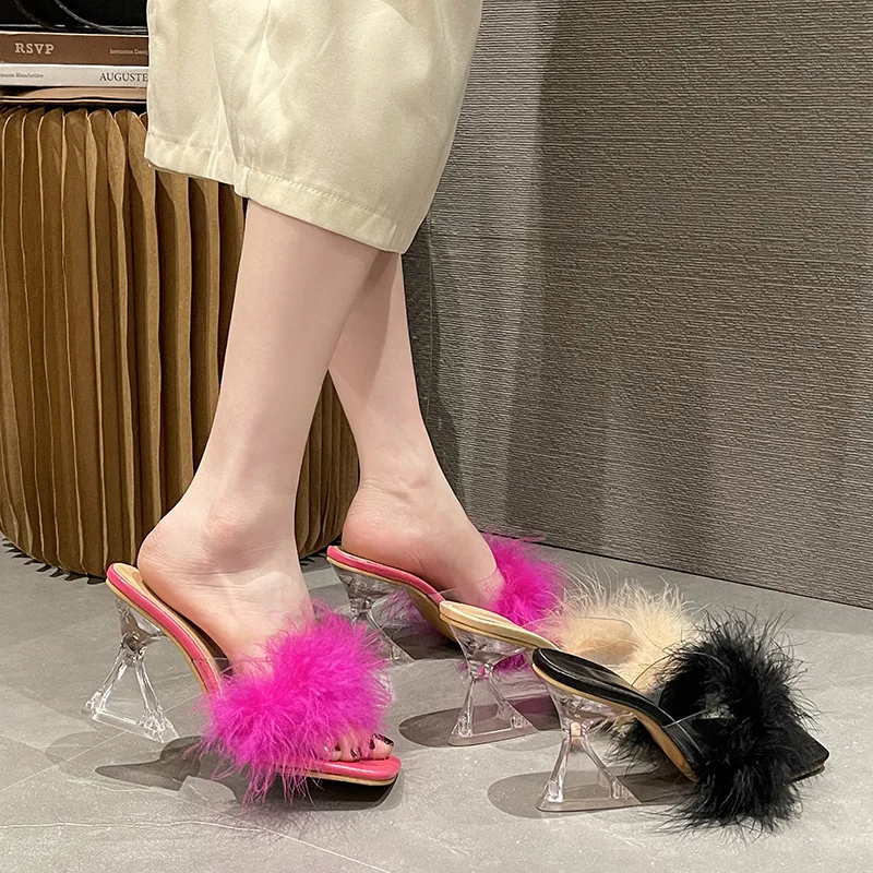 New Summer Fashion Fluffy Furry Women Slippers Female Gladiator Sandals Party Banquet Mules High Heels Slides Shoes High Heels